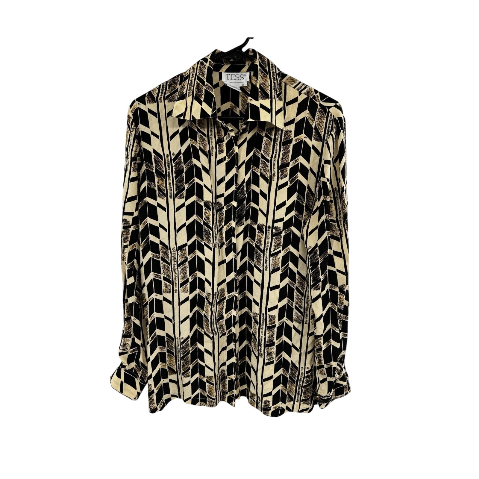 Tess Black And Gold Herringbone Vintage Collared Blouse Long Sleeve Silk Size M